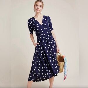 Maeve Anthropologie Navy Blue Polka Dot Faux Wrap Midi Dress 4